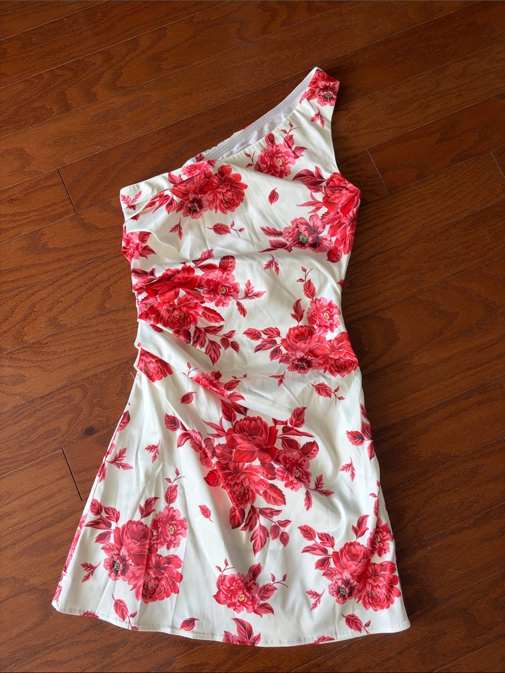 Peppermayo White One-Shoulder Dress with Red Floral Print